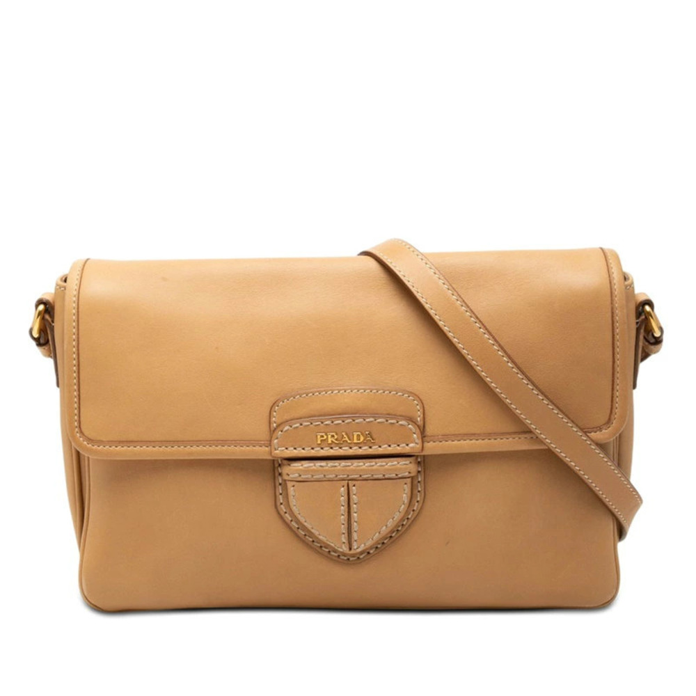 Prada Triangle Plate Crossbody Bag Beige Cream Leather